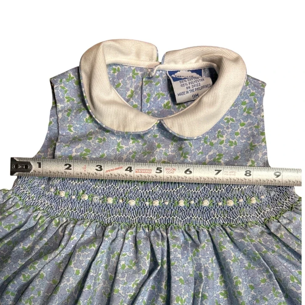 VTG Carriage Boutiques Baby Girls Blue Floral Smocked Dress‎ Bloomers Hat Set 9M